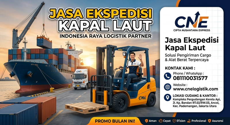 tambahkan tulisan nya Jasa Ekspedisi Kapal Laut di gambar tersebut beserta Phone / WhatsApp: 081110031577 website: www.cnelogistik.com Alamat: Kompleks Pergudangan Kereta Api, Jl. Kp. Bandan RT.02/RW.03, Ancol, Kec. Pademangan, Jakarta Utara